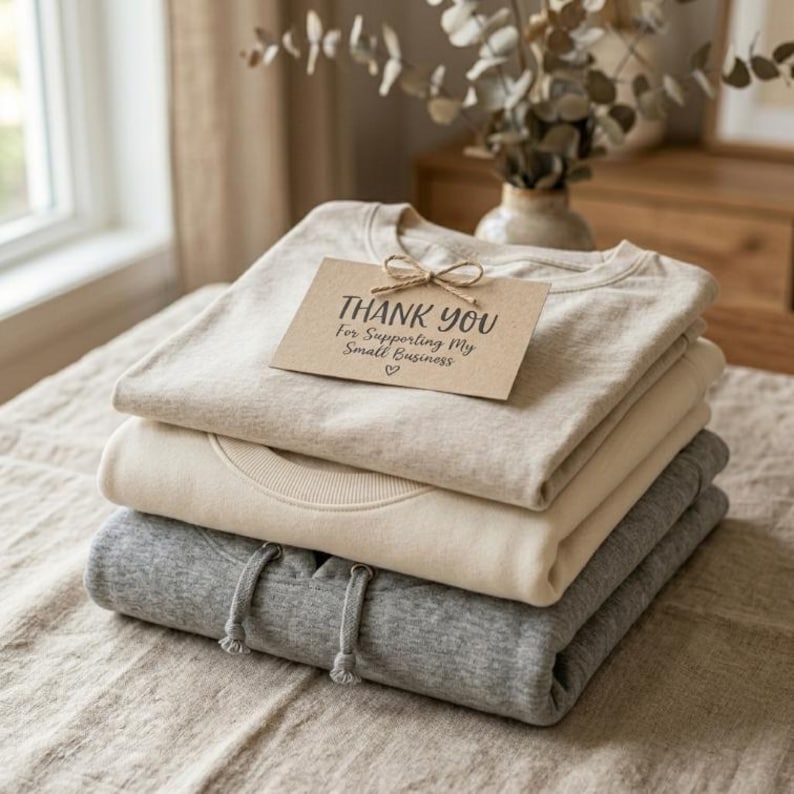 May include: A stack of three folded garments including a beige sweatshirt, a cream-colored sweatshirt, and a grey hooded sweatshirt with drawstrings. A rectangular kraft paper tag is tied to the top garment with string, reading Thank You For Supporting My Small Business.