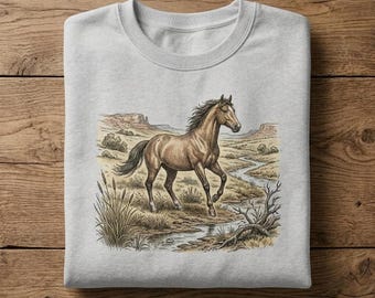 Vintage Shirt Lone Horse Tee Sweatshirt Hoodie Unisex Cottagecore Western Equestrian Graphic Crewneck Nature Meadow Retro Horse Lover Gift