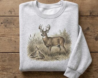 Vintage Shirt Deer Quail Tee Sweatshirt Hoodie Unisex Cottagecore Woodland Buck Bird Graphic Crewneck Retro Wild Nature Animal Lover Gift