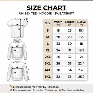 May include: A size chart for unisex tees, hoodies, and sweatshirts featuring line drawings of each garment with arrows labeled A, B, and C. A table lists sizes S through 5XL with corresponding width, length, and sleeve measurements in inches.