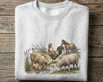 Vintage Shirt Farm Animals Tee Sweatshirt Hoodie Unisex Cottagecore Pig Sheep Rooster Horse Graphic Crewneck Retro Country Nature Lover Gift