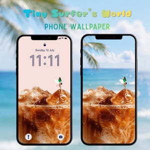 May include: Two smartphones displaying a digital wallpaper titled Tiny Surfer's World. The wallpaper features a miniature person holding a surfboard standing atop a large ice cube in a glass of iced coffee against a beach and ocean background.