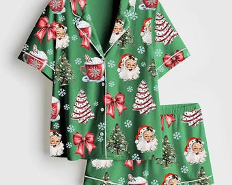 Retro Coquette Christmas Satin Family Pajama Set – Matching Holiday Sleepwear Gift for Men Women & All Ages