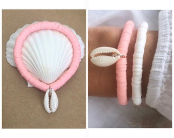 cowrie shell bracelet, heishi bead bracelet, beach jewellery