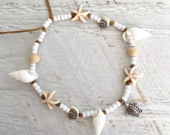 beach anklet, beachcomber boho jewelry, gift for her, sea turtle shells