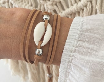 beach jewelry, wrap bracelet, boho jewelry, cowrie shell bracelet