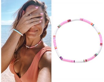 heishi bead necklace, choker, pink surfer necklace, beach jewellery