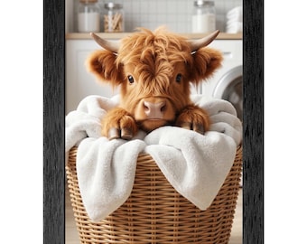 Baby Highland Cow Laundry Basket Print, Whimsical 3D Render, Framed Nursery Decor