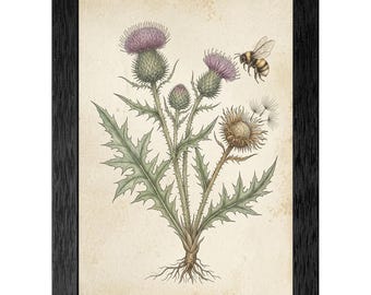 Framed Botanical Thistle Bumblebee Art Print, 19th Century Scientific Study