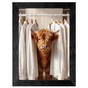 Baby Highland Cow in Closet Print, Fluffy Calf, Textured Black Frame, Farmhouse Decor