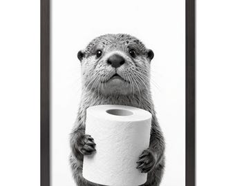 Black Framed Otter Holding Toilet Paper Print, Funny Animal Wall Art