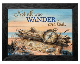 Vintage Compass Driftwood Map Art, Coastal Wanderlust Wall Decor (Framed Canvas)
