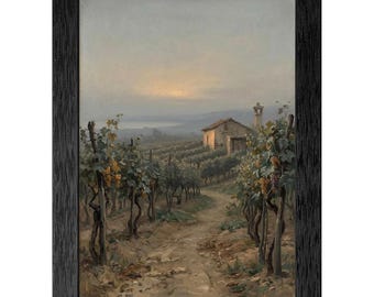 19th-Century Vineyard Dusk Oil Painting Print, Textured Black Frame, Atmospheric Decor