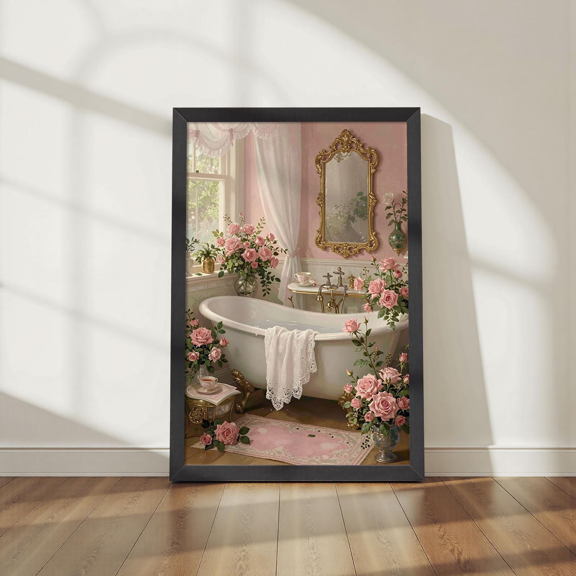 Vintage Clawfoot Bathtub Pink Floral Canvas Art, Botanical Bathroom ...