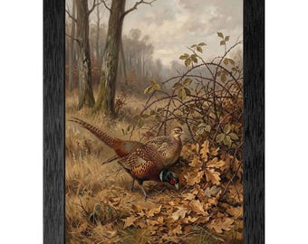 Pheasant 19th-Century Naturalistic Bird Painting, Textured Black Frame, Vintage Wildlife Decor