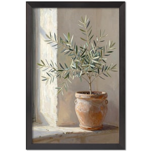 May include: A framed print of an olive tree in a terracotta pot. The artwork depicts the plant on a windowsill with sunlight streaming through. The olive tree has long, slender leaves, and the pot has two small handles.