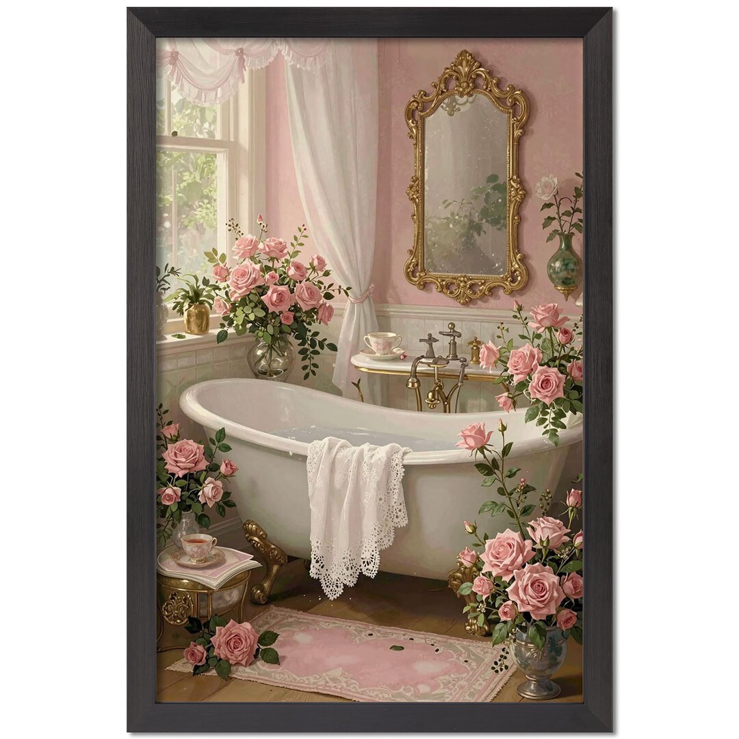 Vintage Clawfoot Bathtub Pink Floral Canvas Art, Botanical Bathroom ...