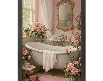 Vintage Clawfoot Bathtub Pink Floral Canvas Art, Botanical Bathroom Wall Decor