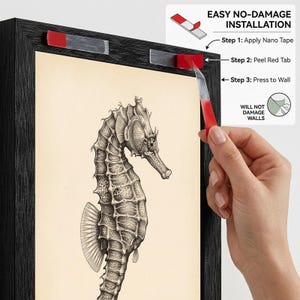 May include: A framed seahorse art print with a black frame. The image shows the steps for easy, no-damage installation using nano tape. The text on the image reads: "EASY NO-DAMAGE INSTALLATION".