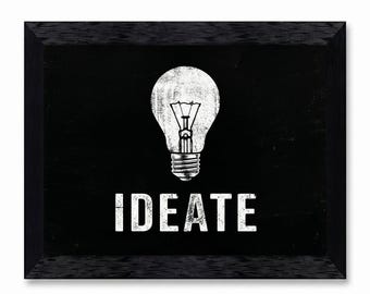 Minimalist Modern Ideate Lightbulb White and Black Typographic Graphic Canvas Print Poster
