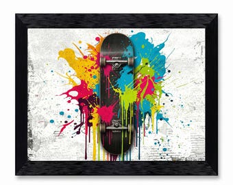 Skateboard Wall Art Framed Canvas Print, Colorful Graffiti Pop Art Decor for Bedroom Studio