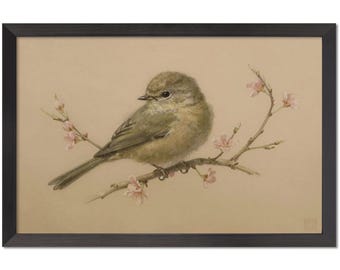 Vintage Bird Cherry Blossom Canvas Art, Rustic Beige Spring Wall Decor