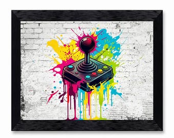 Retro Arcade Joystick Graffiti Canvas Print, Colorful Gamer Wall Art