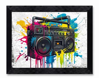 Retro Boombox Street Art Canvas Print, 80s Hip Hop Wall Decor, Graffiti Music Poster, Framed Pop Art Canvas