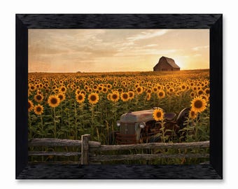 Sunflower Field Barn Tractor Framed Canvas Art, Rustic Farmhouse Landscape Decor