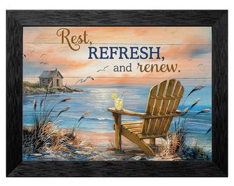 Coastal Adirondack Chair Wall Art, Rest Refresh Renew, Framed Canvas Print