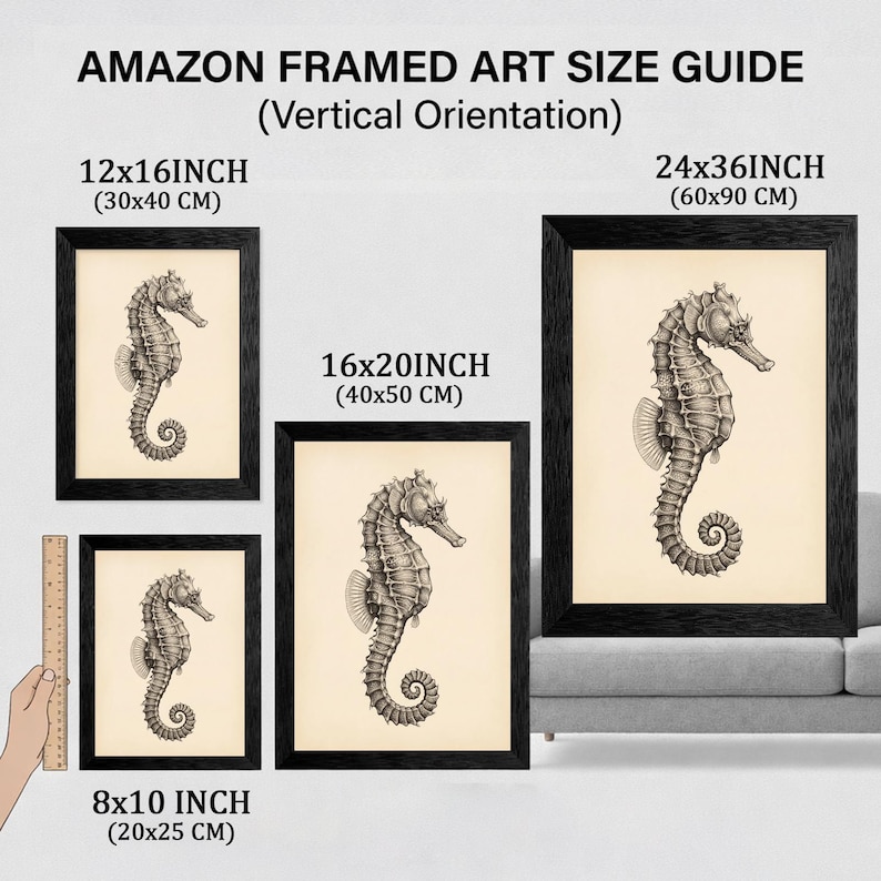 May include: Framed art prints of seahorses in various sizes. The prints are in black frames and feature detailed illustrations of seahorses on a cream-colored background. Sizes include 8x10 inches, 12x16 inches, 16x20 inches, and 24x36 inches.
