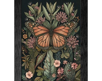Vintage Monarch Butterfly Botanical Art Print, Moody Milkweed Nature Wall Decor (Ready to Hang)