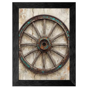 Rustic Wagon Wheel, Industrial Vintage Decor, Textured Black Frame, Weathered Plaster Teal Patina