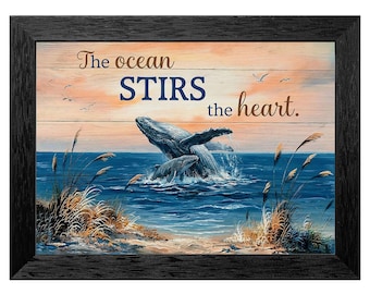 Mother Whale & Calf Coastal Folk Art, Framed Canvas, Ocean Stirs the Heart (Ready to Hang)