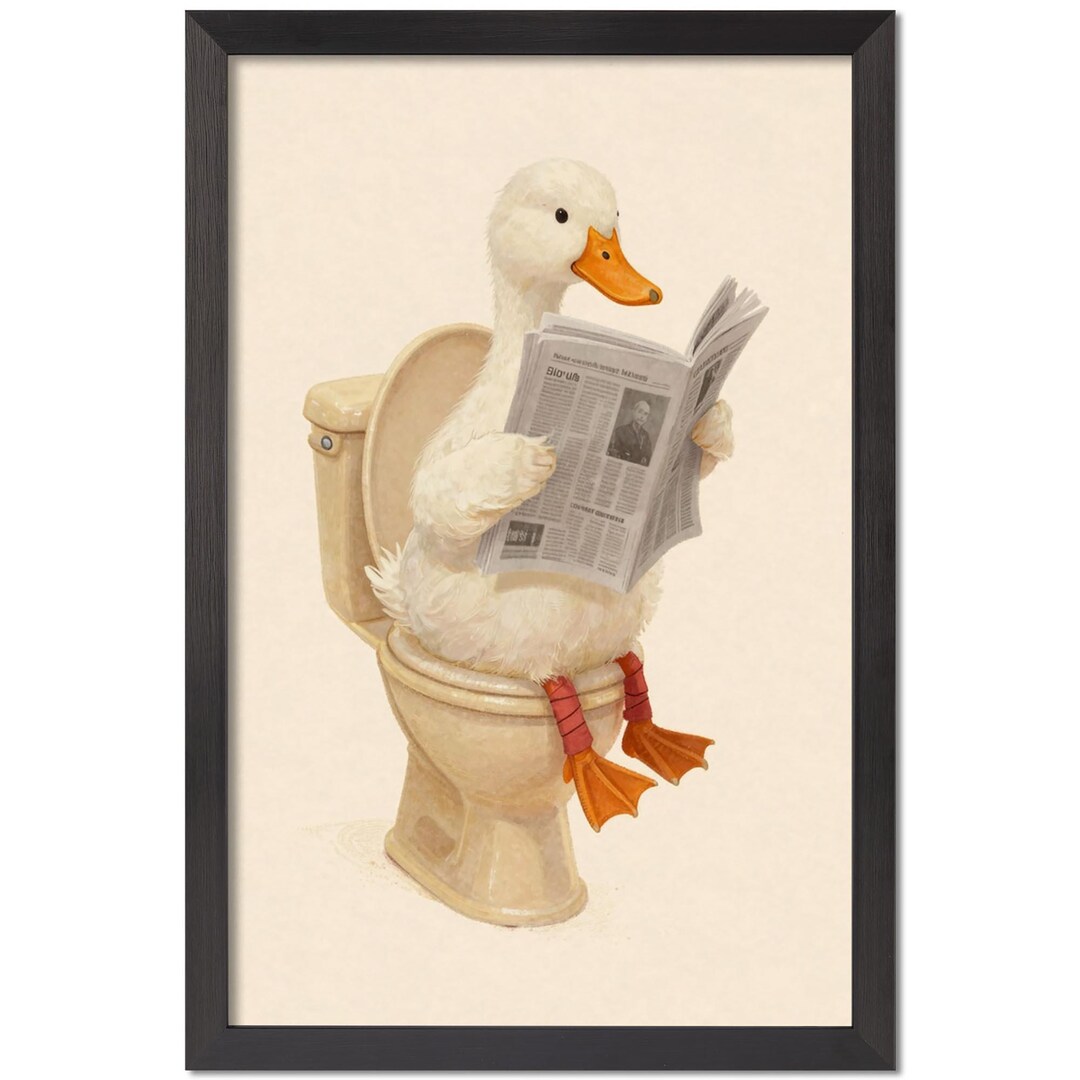 Funny Duck Reading Newspaper on Toilet Canvas Art, Bathroom Humor Print ...