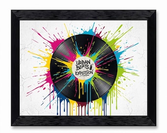 Vinyl Record Street Art Canvas Print, Music Room Wall Decor, Graffiti Record Poster, Framed Urban Pop Artwork