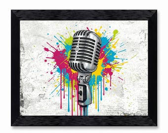Microphone Street Art Canvas Print, Music Studio Wall Decor, Graffiti Splash Poster, Framed Modern Music Artwork