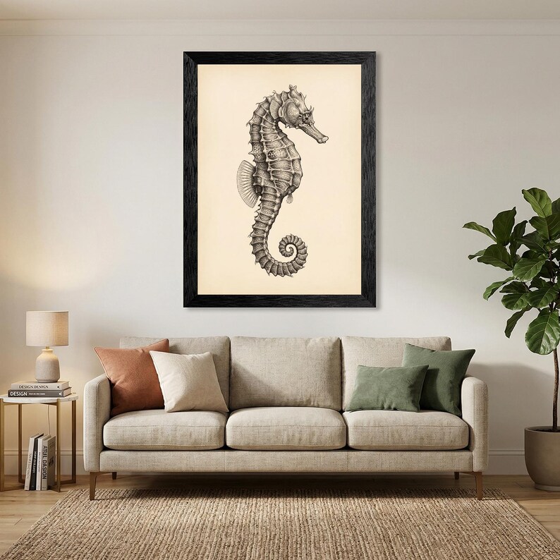 May include: A framed black and white seahorse illustration. The seahorse is depicted in profile, with detailed shading and a curled tail. The artwork is set against a cream-colored background and framed in a black wooden frame.