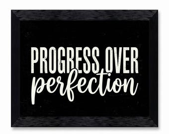 Minimalist Typographic Progress Over Perfection Black and White Distressed Canvas Print Poster