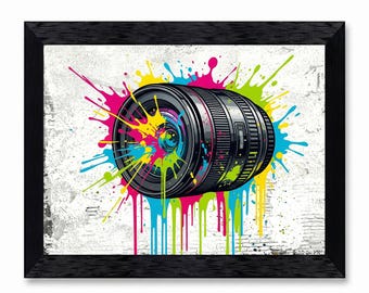 Camera Lens Wall Art Framed Canvas Print, Colorful Graffiti Photography Decor for Studio Office