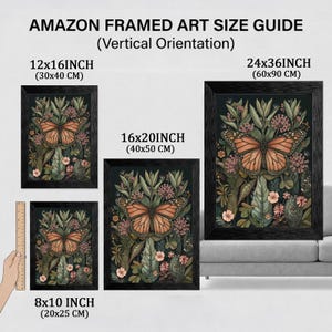 May include: An Amazon framed art size guide displays four framed butterfly art prints in black frames. The sizes are 8x10 inches (20x25 cm), 12x16 inches (30x40 cm), 16x20 inches (40x50 cm), and 24x36 inches (60x90 cm). The art features a monarch butterfly.