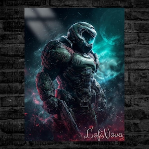 May include: Digital art print depicting a futuristic armored figure in green and grey, with a helmet and weapon. The background showcases a nebula of teal and red tones, with the text "LofiNova" in the bottom right corner.