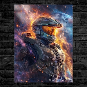 May include: Digital art print depicting a futuristic soldier in a helmet and armour, set against a fiery, cosmic backdrop. The artwork features a detailed rendering of the soldier with a glowing visor and intricate armour design. The color palette includes shades of orange, blue, and grey.