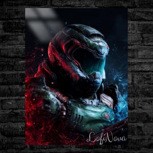 May include: Digital art print of a futuristic armored figure, predominantly green and black, with a helmet and glowing visor. The artwork features dynamic red and blue energy effects, set against a dark background. The artist's signature, "LofiNova", is visible.