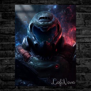 May include: A digital art print showcasing a futuristic armored character in dark green and red armour. The background is a fiery, cosmic scene. The artwork has a dramatic, sci-fi theme. The print has the text "LofiNova" in the bottom right corner.
