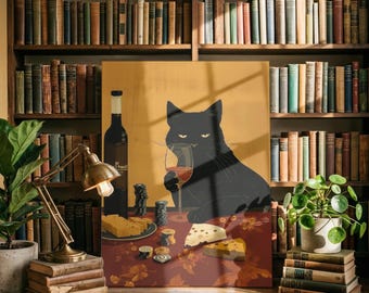 Black Cat  Wall Art | Funny Poker Print | Wine & Cheese Decor | Moody Vintage Cat Poster