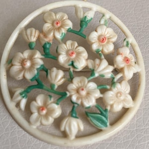Antique Celluloid Brooch 1930s 1940s Jewelry Hand Carved Creamy White #532