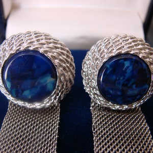 Retro Silver Tone Blue Glass Mesh Wrap Cuff Links, Faux Gemstone, Vintage, Suit Accessories Jewelry for Men #408