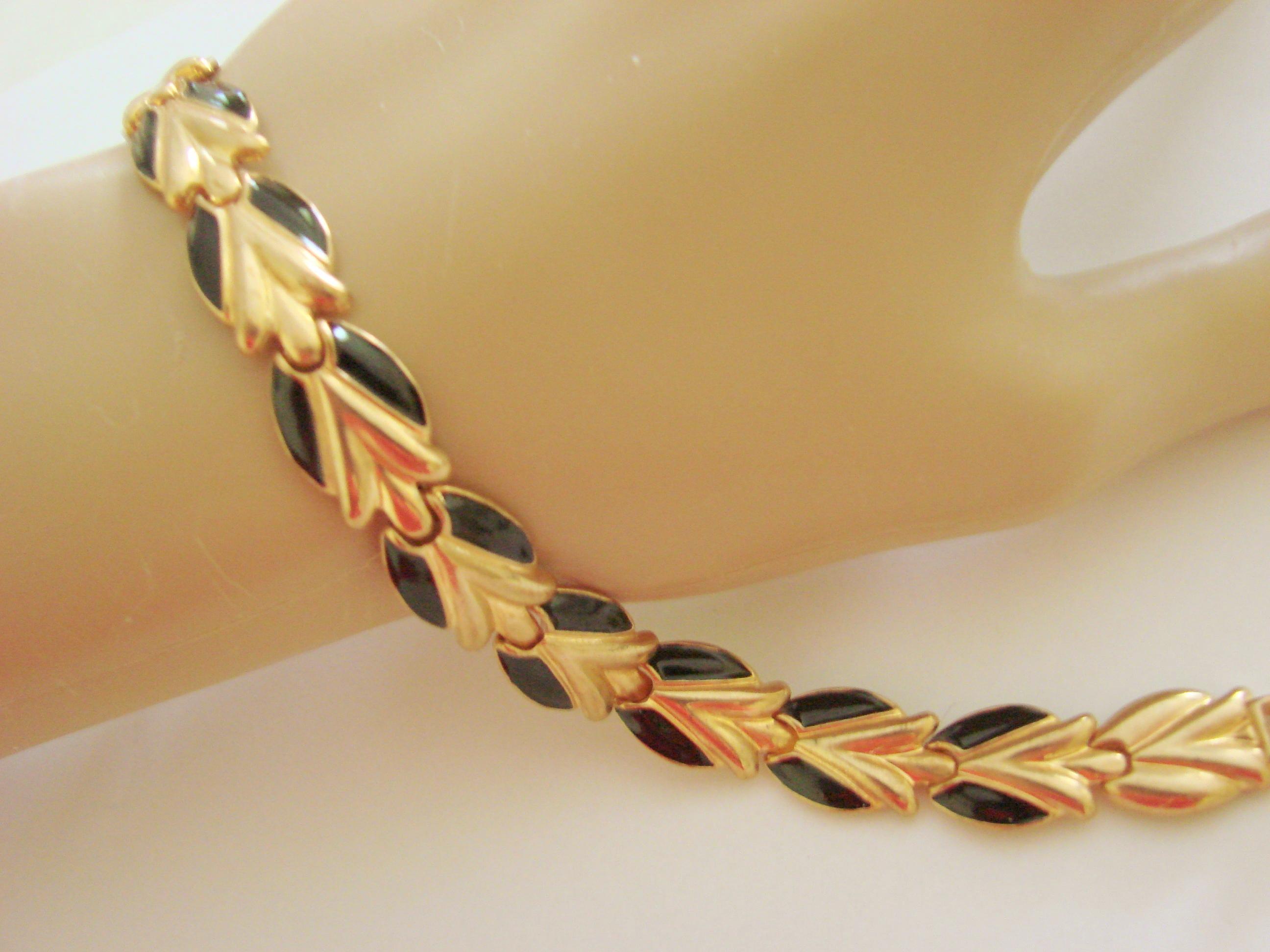 35% SALE Vintage Retro Black Enamel Gold Tone Link Bracelet  #293