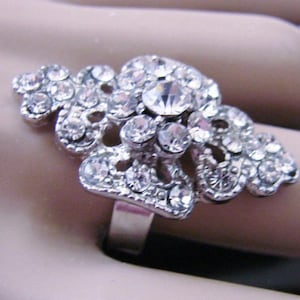 Vintage Rhinestone Cluster Cocktail Ring Wedding Formal Accessory Statement Adjustable, Jewelry #385